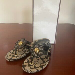 Coach Sherrie Patient Black Thong Sandal with Flower, Size 6.5